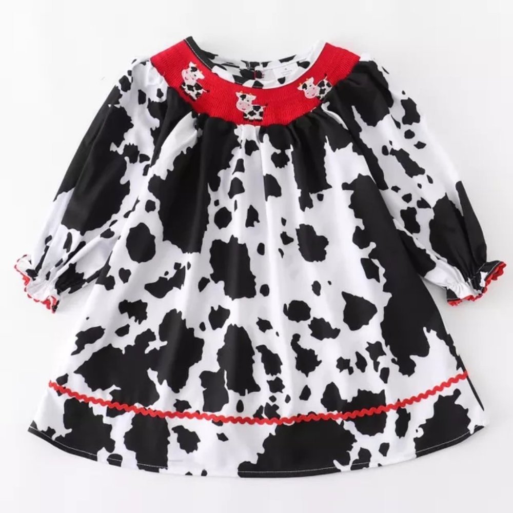 Boutique Farm Cow Print Girls Embroidered Smocked Dress - Picture 1 of 3